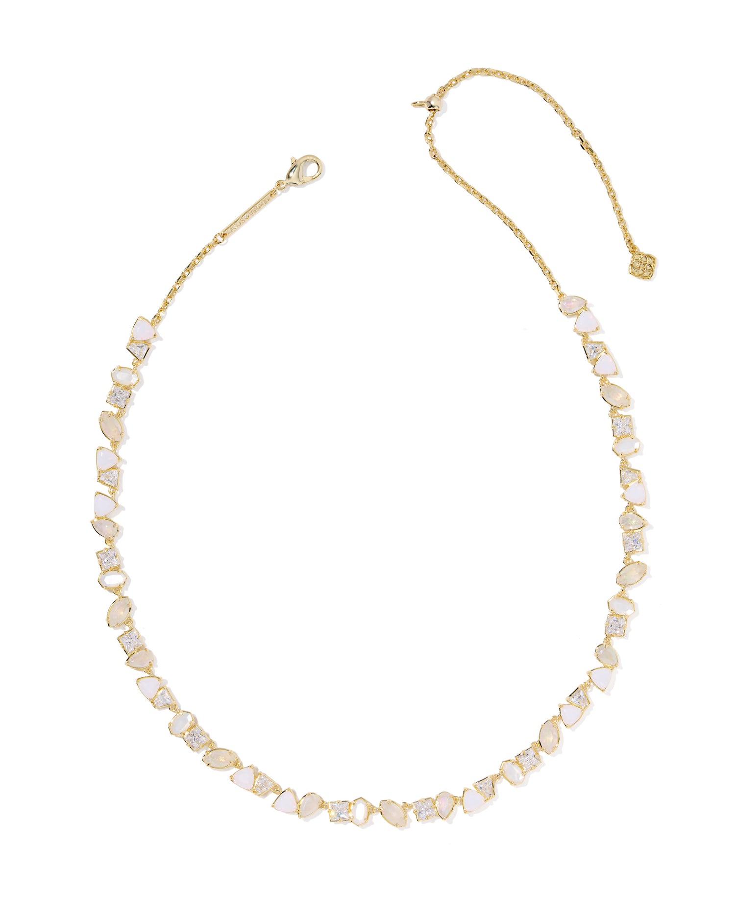 Gold Tennis Necklace with a variety of geometric-shaped crystals and an adjustable chain