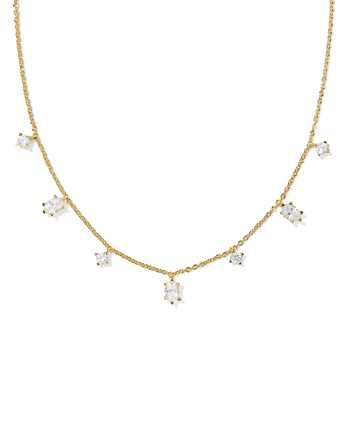  Gold delicate strand necklace with birthstone inspired stone charms, gold white CZ