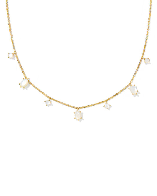 Gold delicate strand necklace with birthstone inspired stone charms, gold ivory mother of pearl CZ