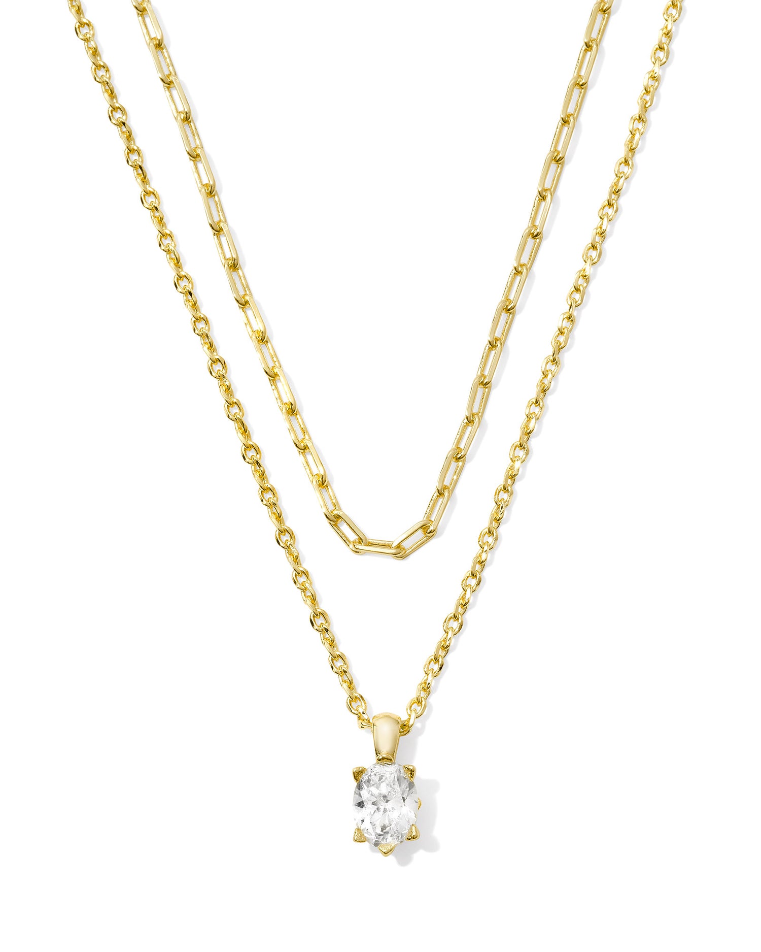 Multi-Strand Gold Necklace With a Single Gemstone Pendant. 
