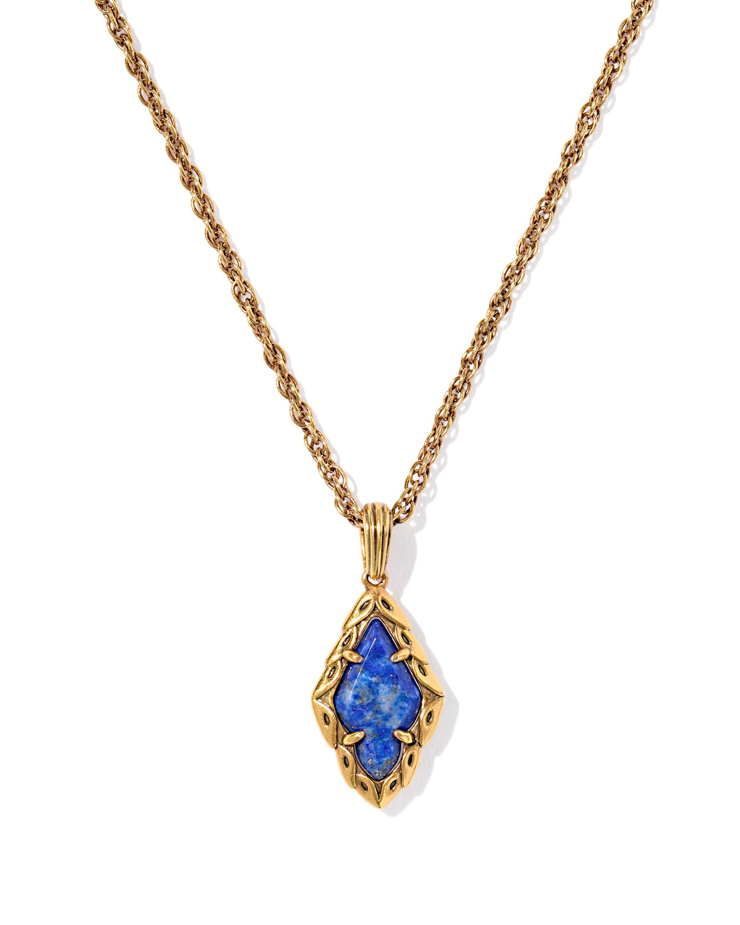 Gold Short Pendant Necklace with blue diamond shaped pendant