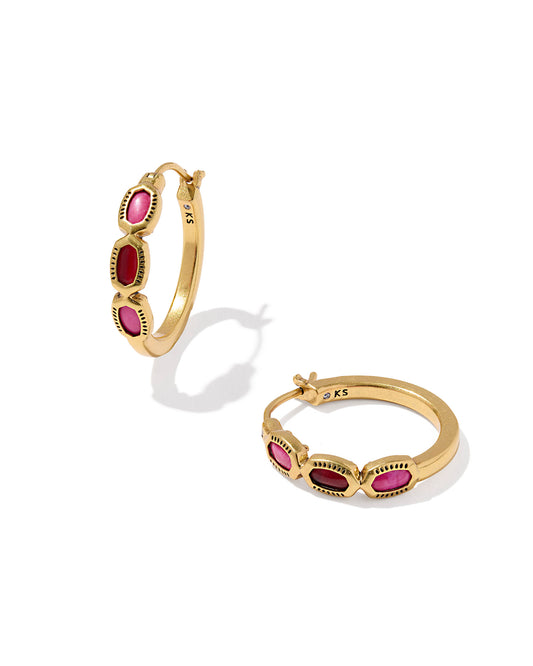 Gold hoop earrings with triple stacked pink oval pendants