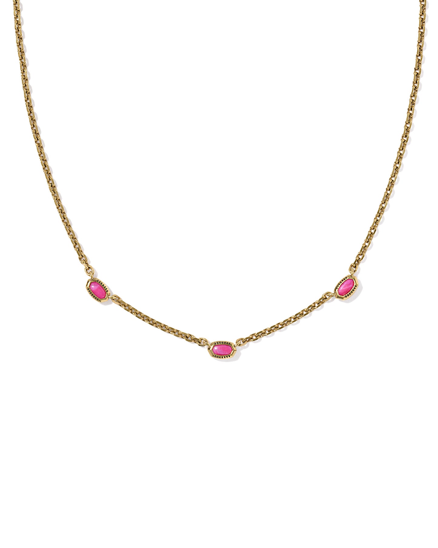 Gold necklace with three oval-shaped pink gemstones evenly spaced along the chain. 