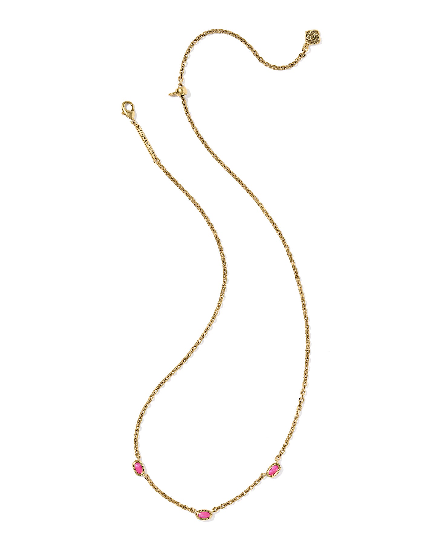 Gold necklace with three oval-shaped pink gemstones evenly spaced along the chain.  display different. 