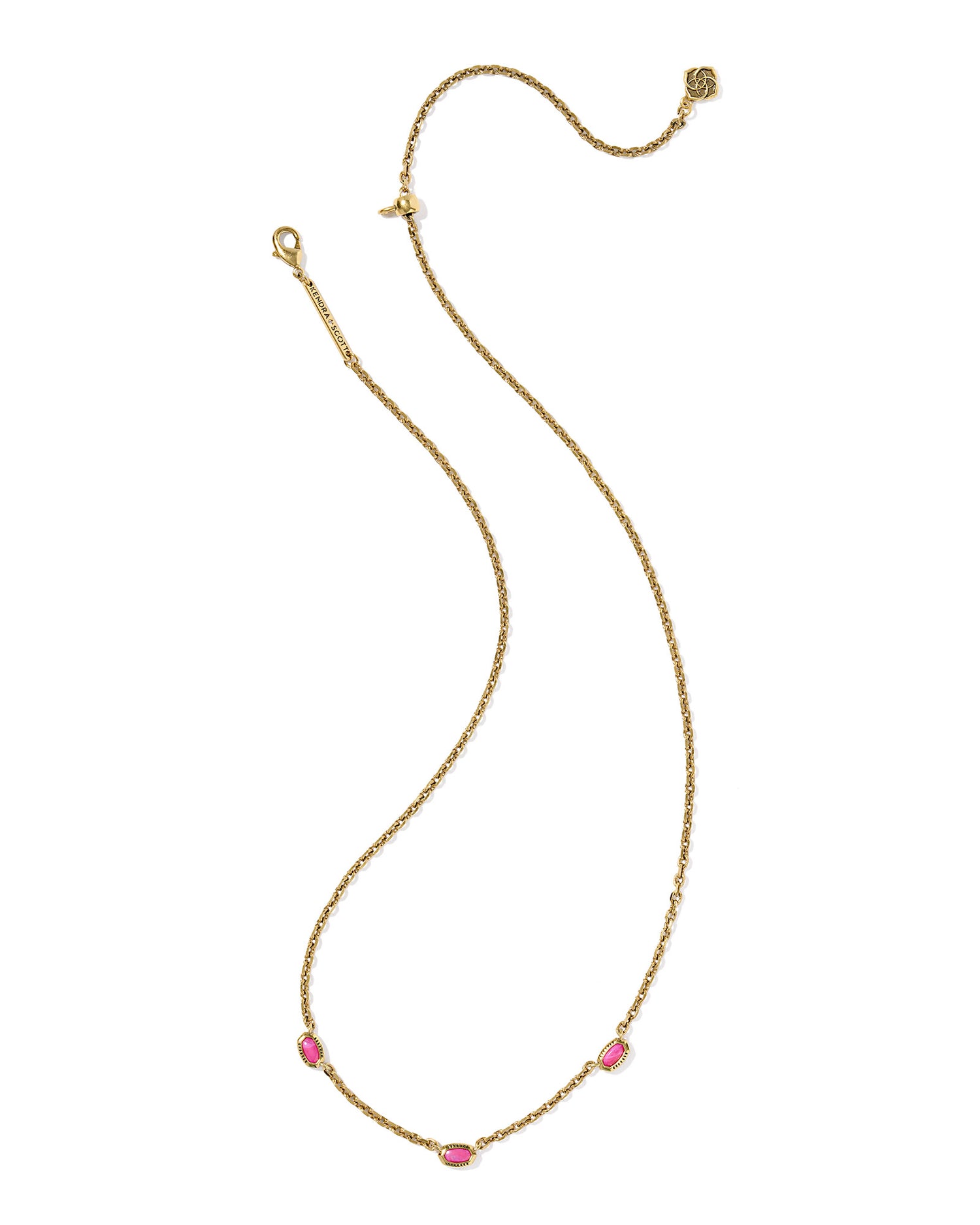 Gold necklace with three oval-shaped pink gemstones evenly spaced along the chain.  display different. 
