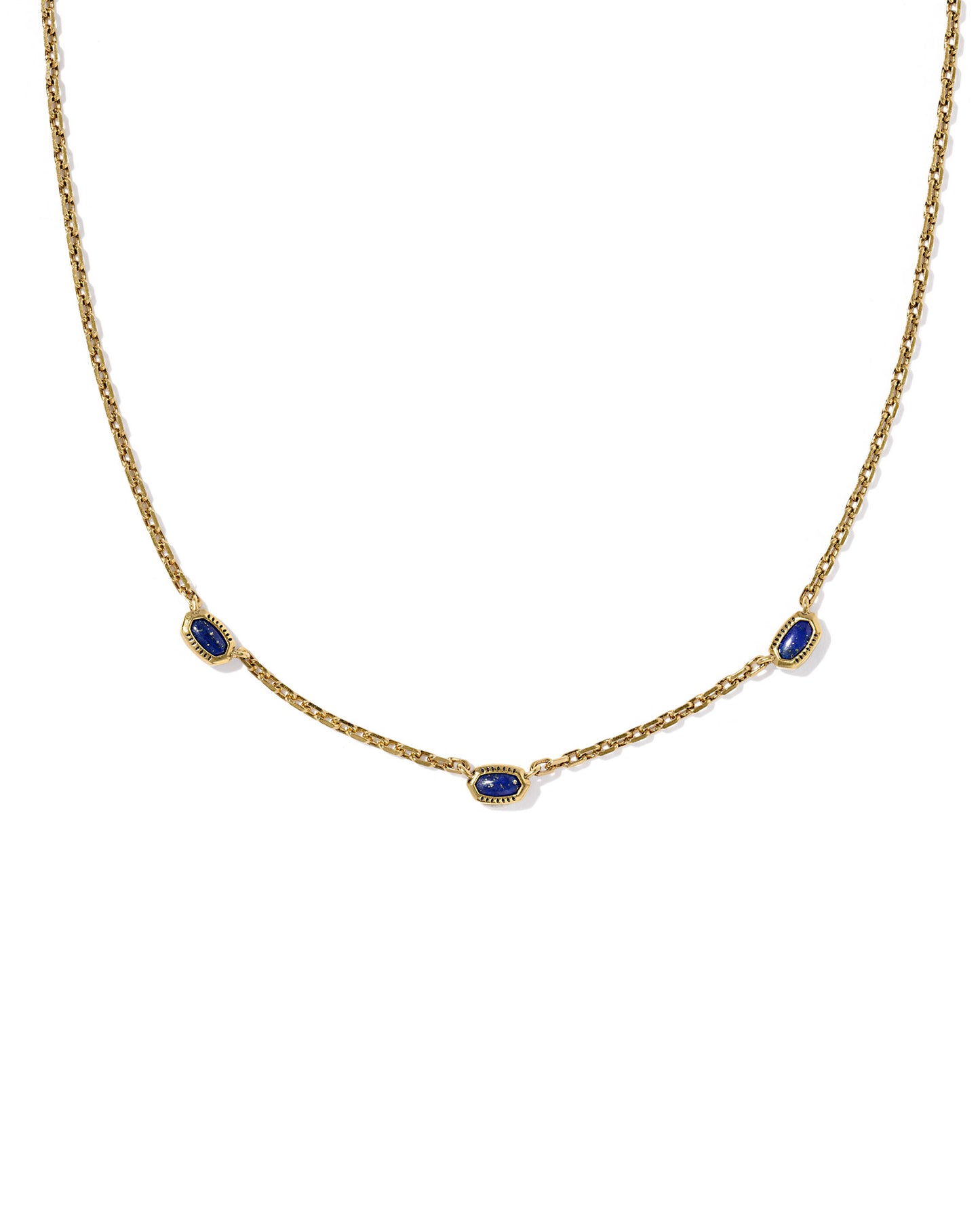 Gold necklace with three oval-shaped navy gemstones evenly spaced along the chain. 