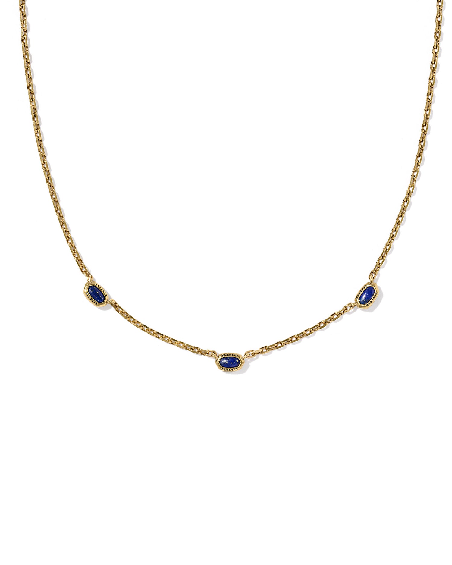 Gold necklace with three oval-shaped navy gemstones evenly spaced along the chain. 