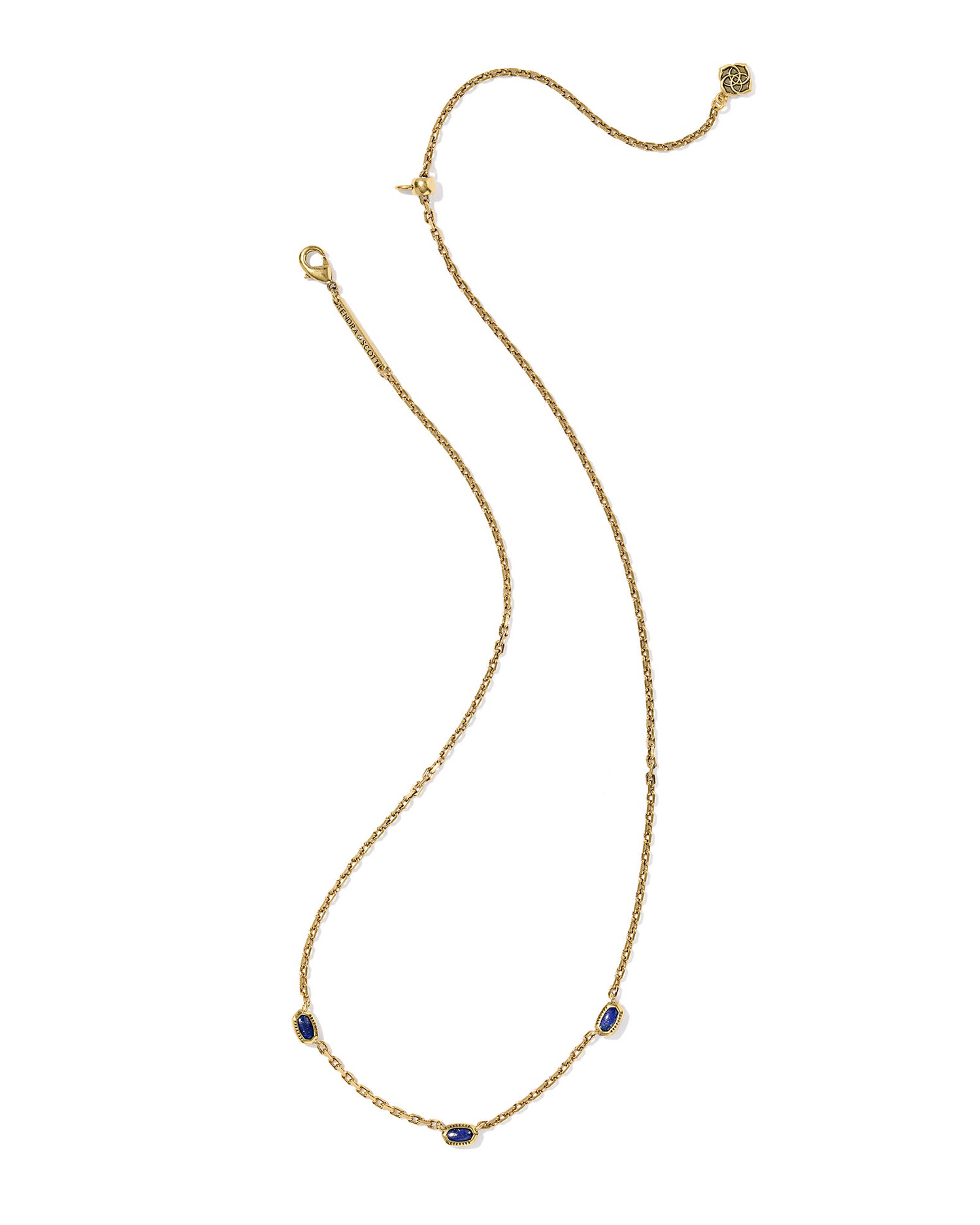 Gold necklace with three oval-shaped navy gemstones evenly spaced along the chain.  display different. 