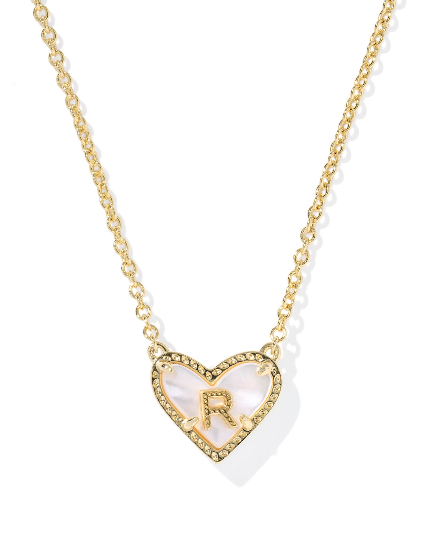 Heart Letter R Gold Ivory Mother of Pearl Short Pendant Necklace