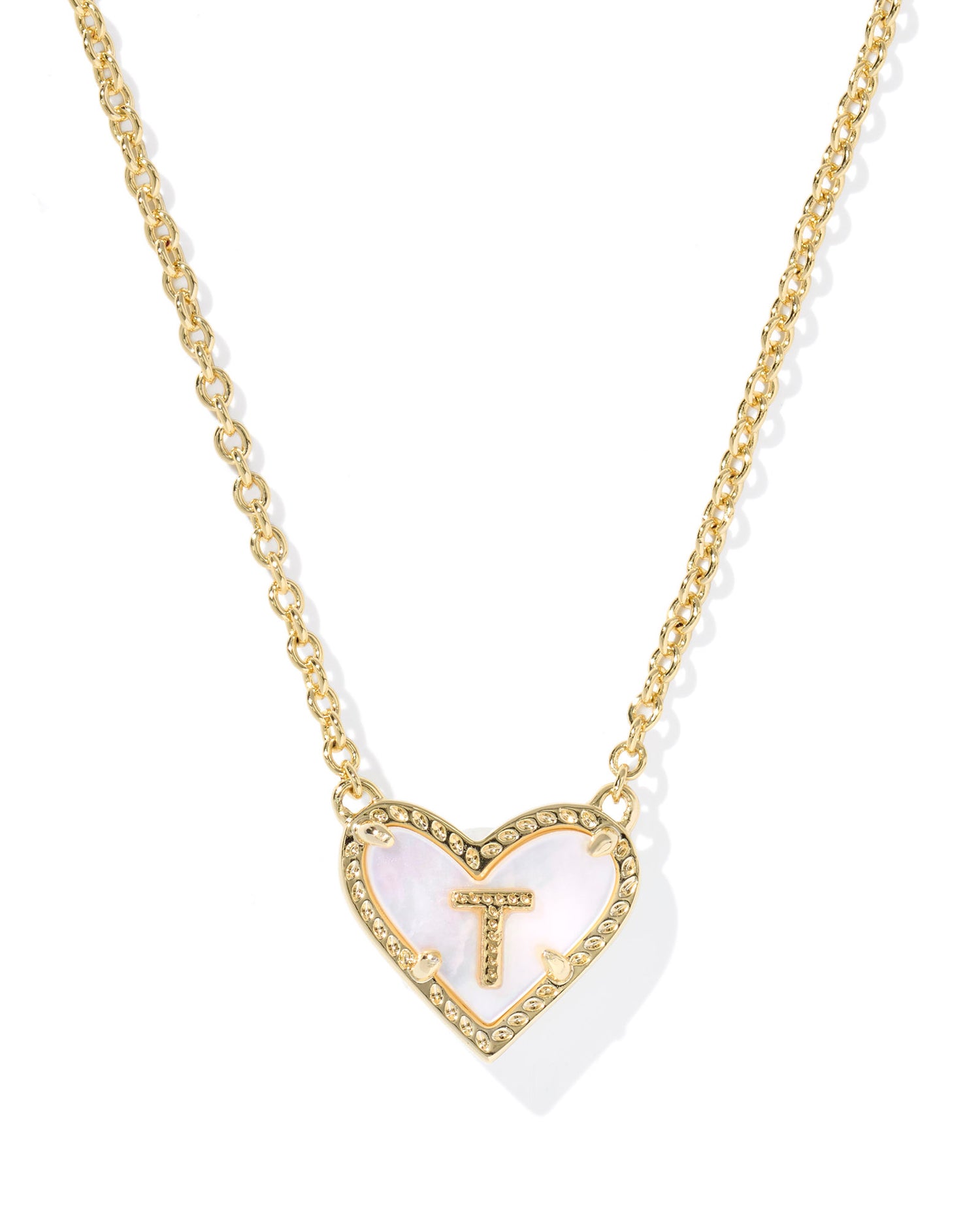 Heart Letter T Gold Ivory Mother of Pearl Short Pendant Necklace