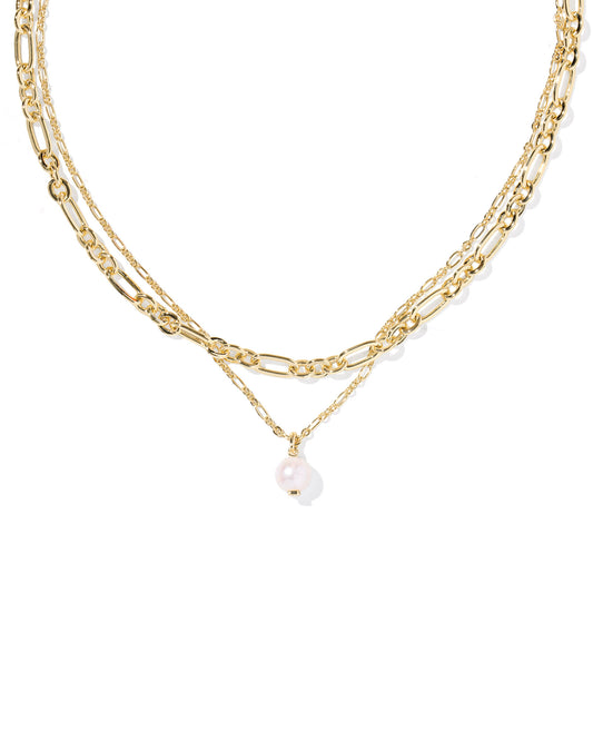 Ashton Gold Multi Strand Necklace. Two figaro chains and a freshwater cultured pearl combine to create a beautiful necklace with an adjustable length