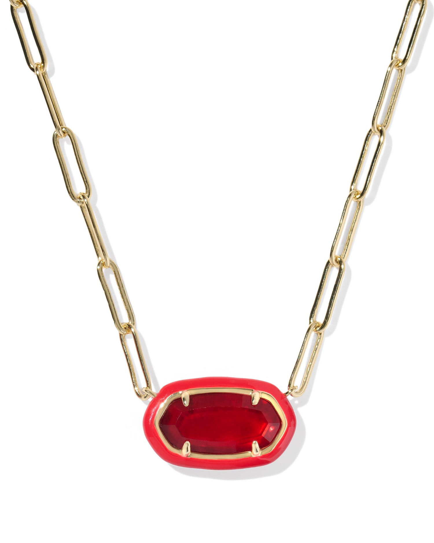 Meet the Elisa Red Illusion Enamel Frame Gold Paperclip Necklace. Pendant shape with a color-coordinated enamel frame and on-trend paperclip chain.