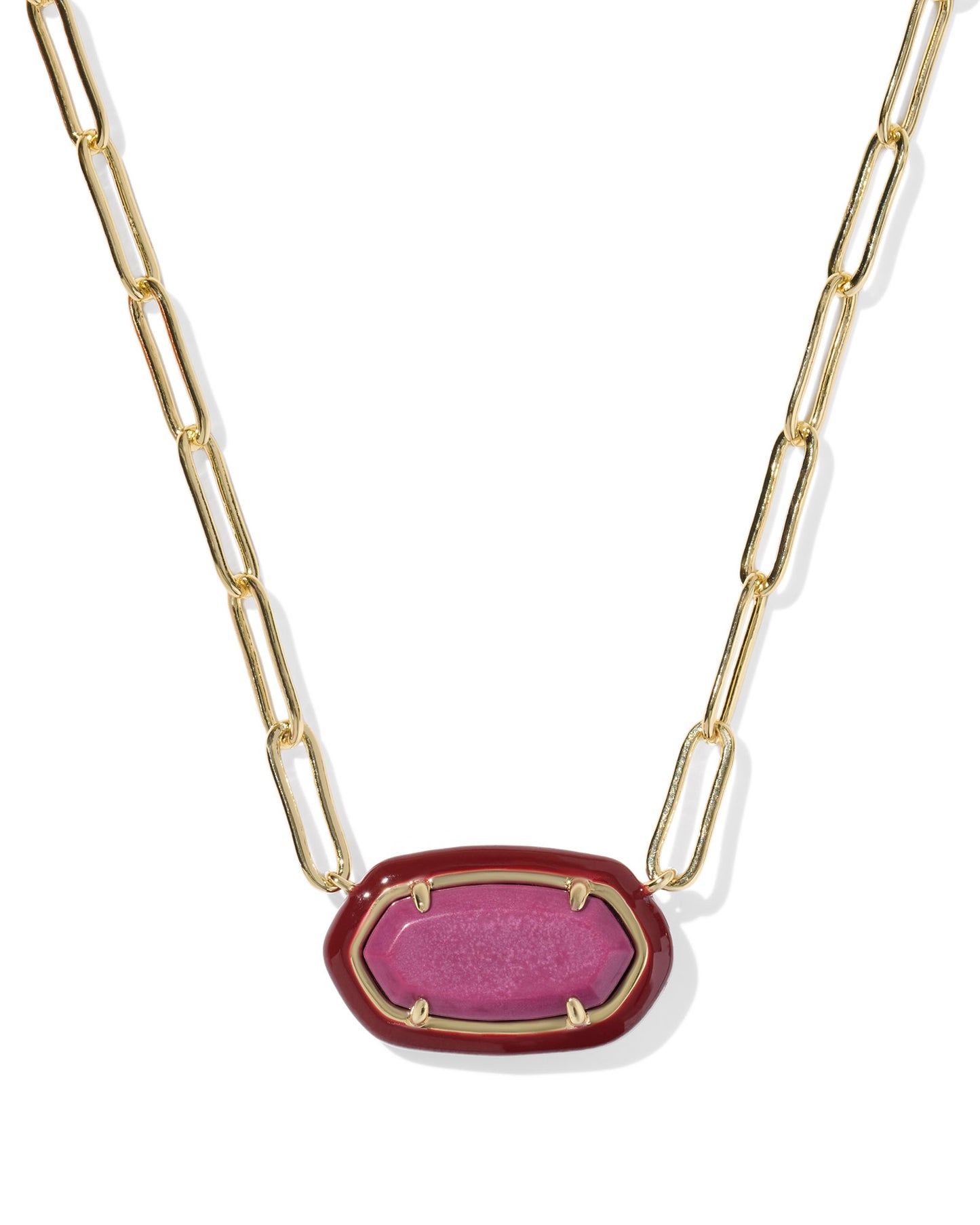 Meet the Elisa Maroon Magnesite Enamel Frame Gold Paperclip Necklace. Pendant shape with a color-coordinated enamel frame and on-trend paperclip chain.