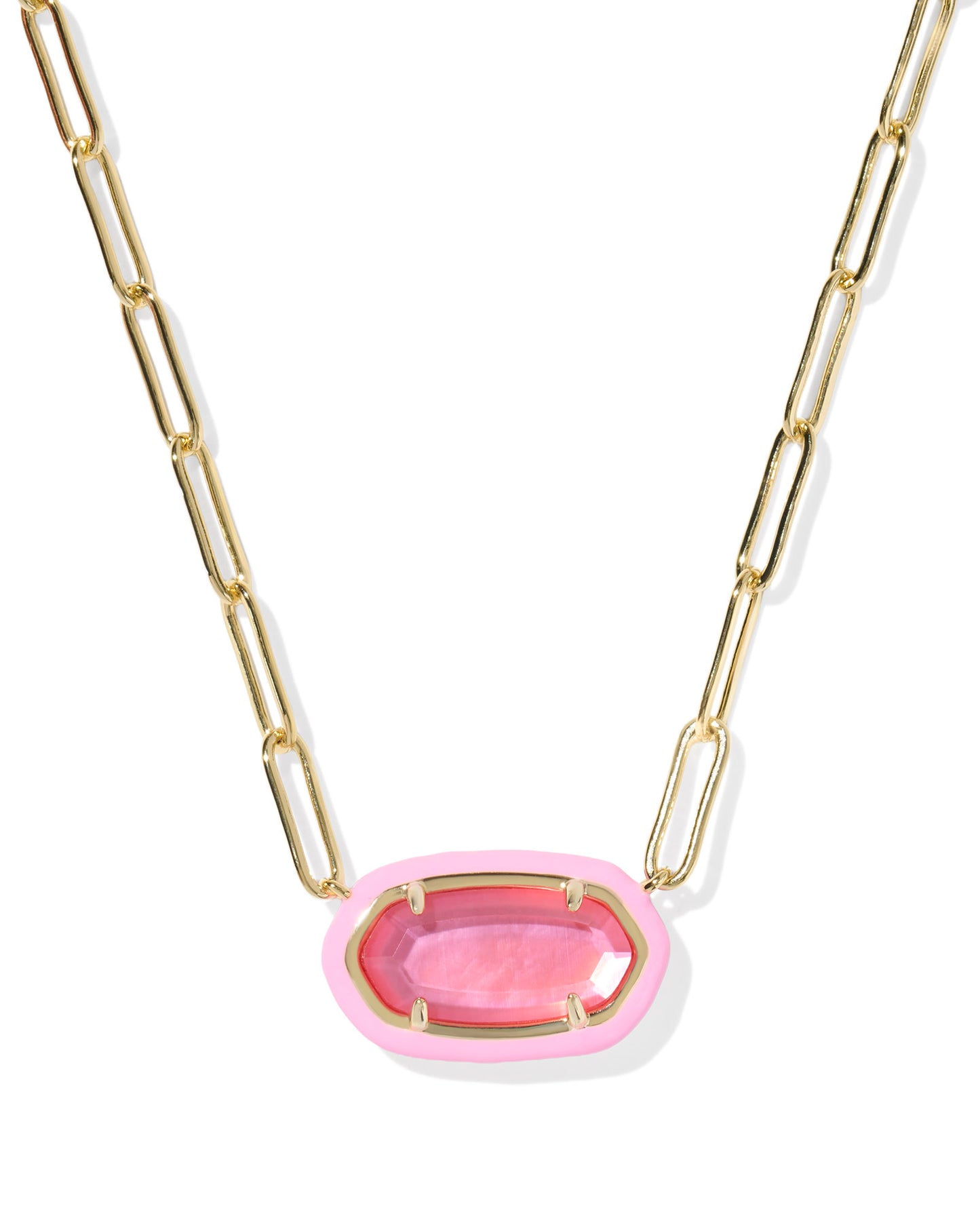 Meet the Elisa Bright Pink Illusion Enamel Frame Gold Paperclip Necklace. Pendant shape with a color-coordinated enamel frame and on-trend paperclip chain.