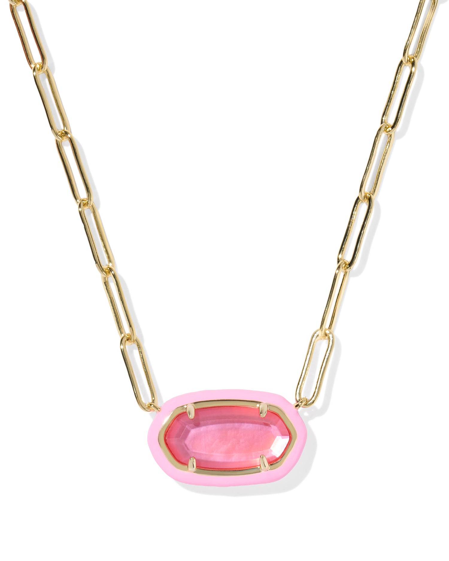 Meet the Elisa Bright Pink Illusion Enamel Frame Gold Paperclip Necklace. Pendant shape with a color-coordinated enamel frame and on-trend paperclip chain.