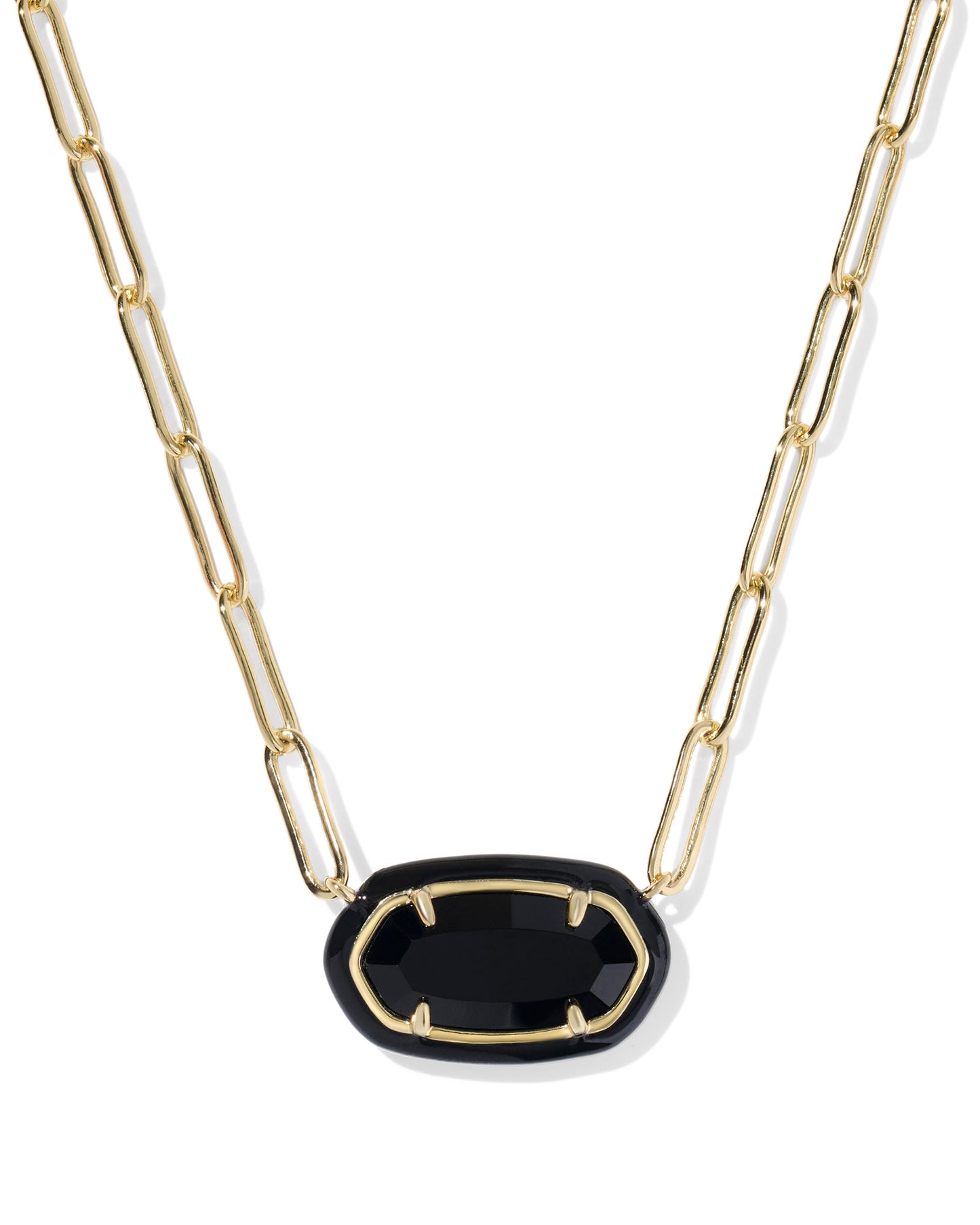 Meet the Elisa Black Agate Enamel Frame Gold Paperclip Necklace. Pendant shape with a color-coordinated enamel frame and on-trend paperclip chain.