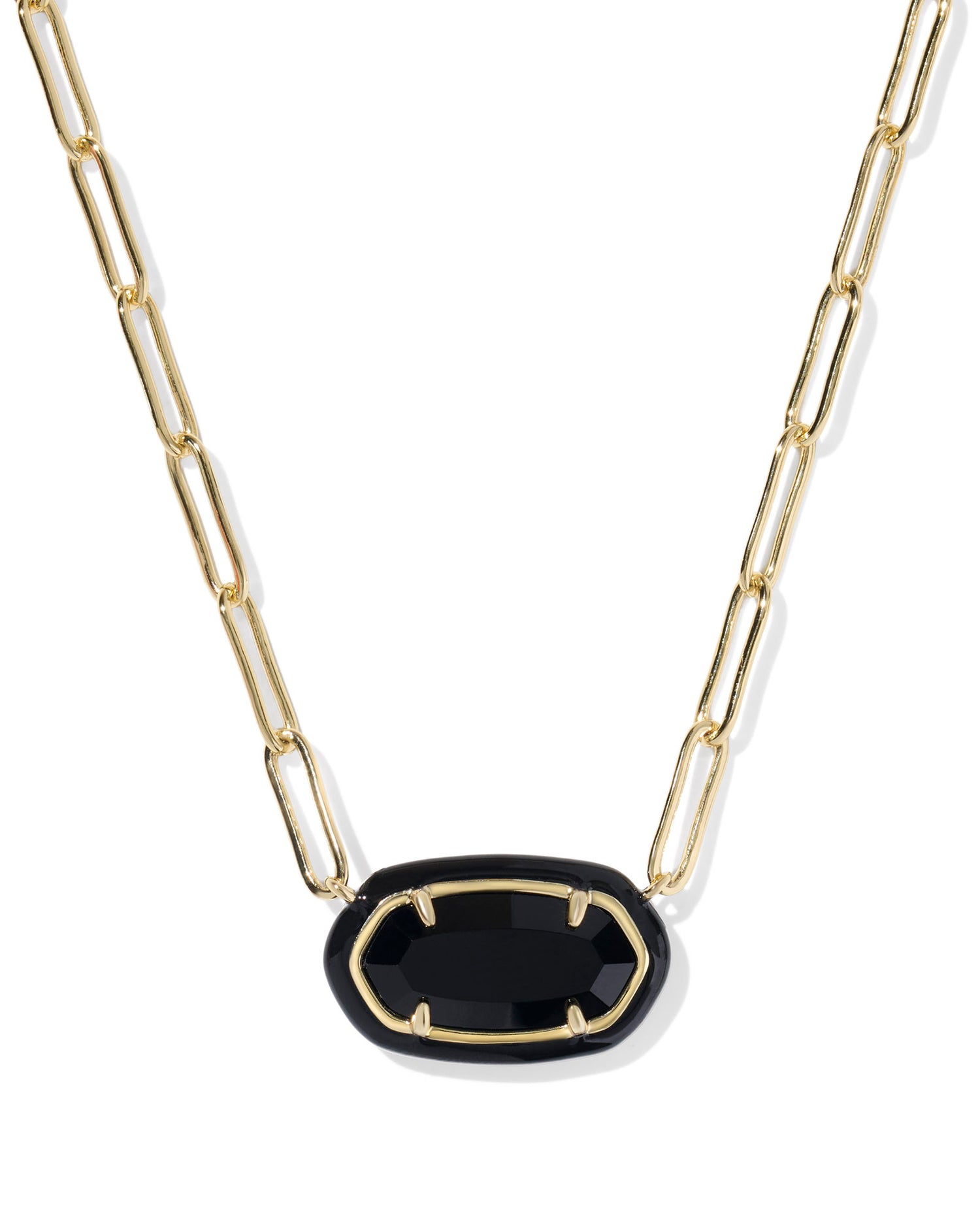 Meet the Elisa Black Agate Enamel Frame Gold Paperclip Necklace. Pendant shape with a color-coordinated enamel frame and on-trend paperclip chain.