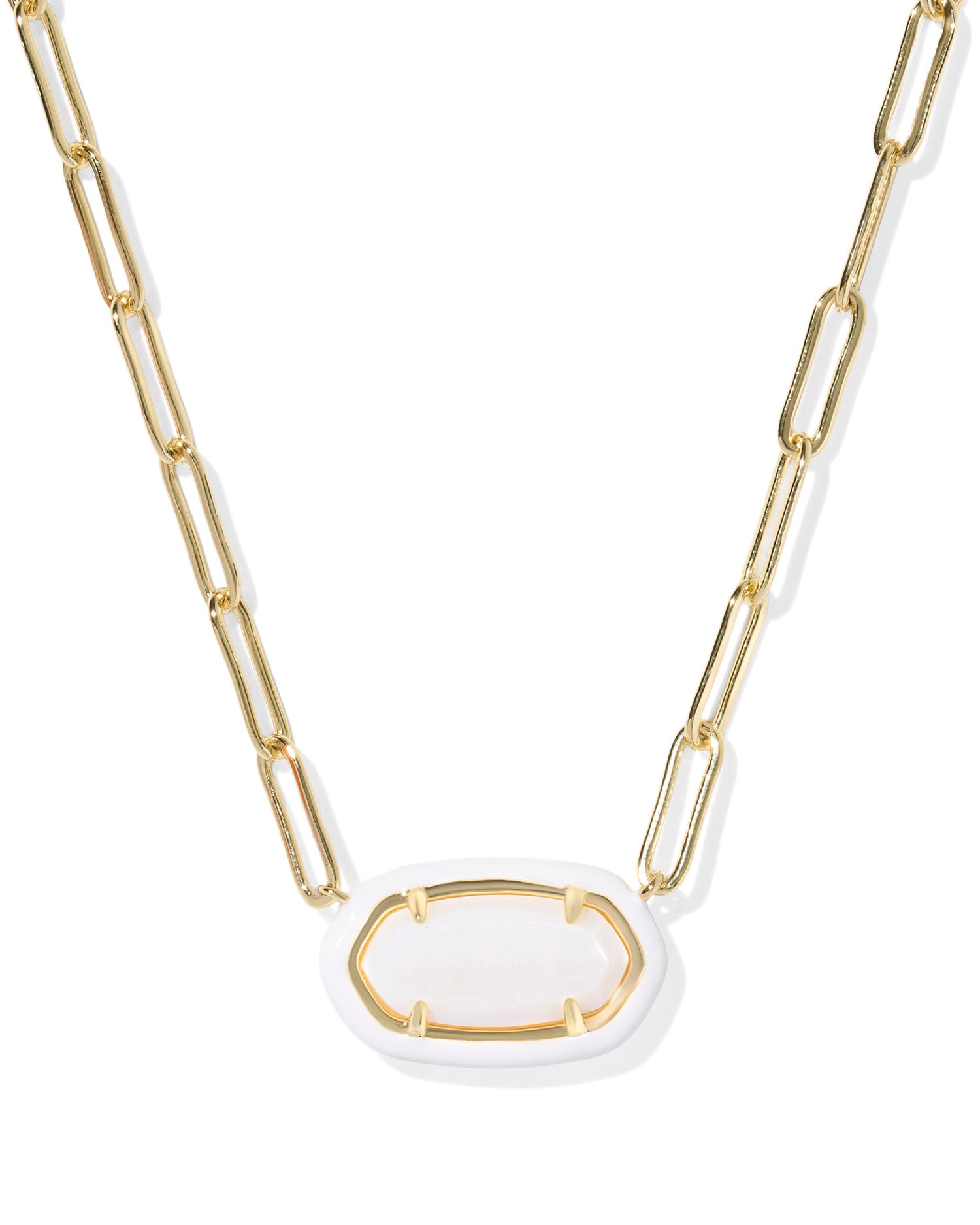 Meet the Elisa Gold White Mother Of Pearl Enamel Frame Gold Paperclip Necklace. Pendant shape with a color-coordinated enamel frame and on-trend paperclip chain.