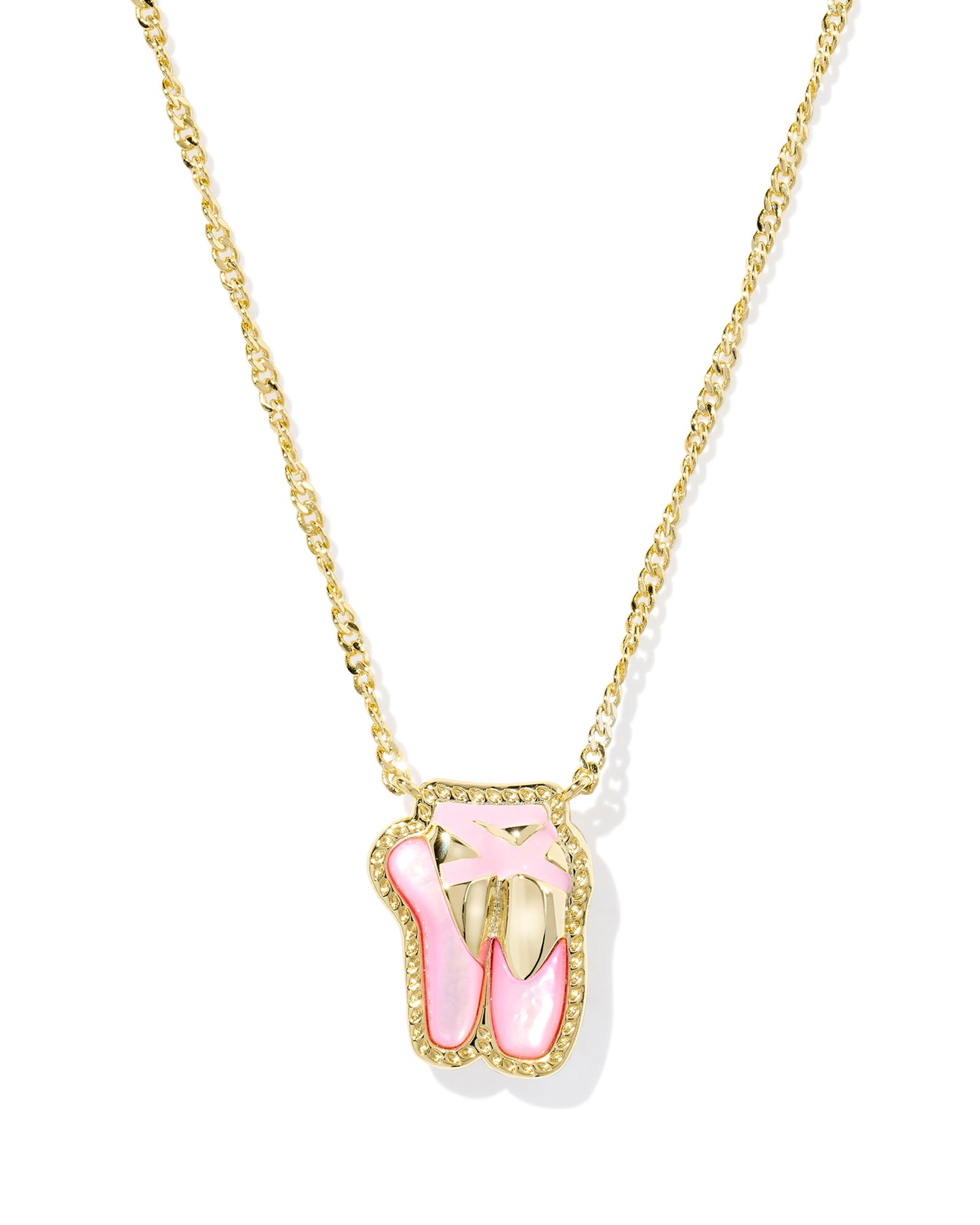 Ballet Gold Blush Mother of Pearl Short Pendant Necklace, featuring a ballet slipper shape captured in a blush pink and framed with our signature hoofprint detailing