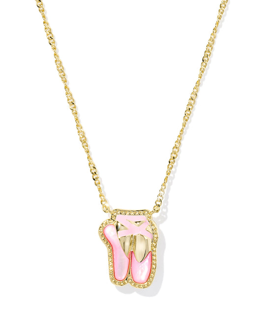 Ballet Gold Blush Mother of Pearl Short Pendant Necklace, featuring a ballet slipper shape captured in a blush pink and framed with our signature hoofprint detailing