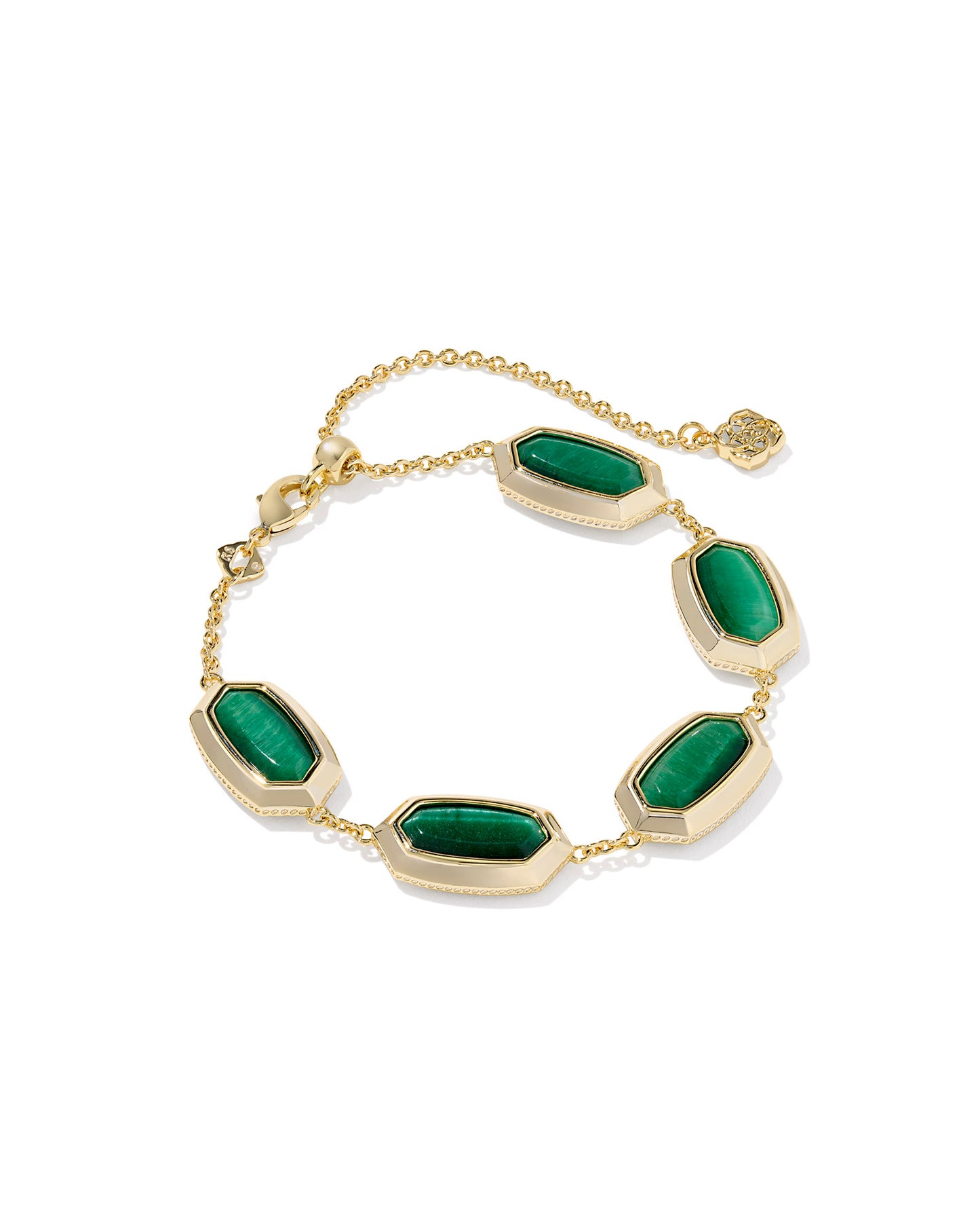 One of our bestselling bracelet styles gets a glam update in the Elaina Bezel Green and Gold Delicate Chain Bracelet. Featuring five bezel-framed stones in our classic oval shape, this bracelet also has a sliding bead adjuster so you can find your perfect fit, too.

Metal- 14K Yellow Gold Over Brass
Closure- Lobster Clasp with Adjustable Slider Bead
Size- 6.5"L, 0.42"W WITH 1.5"L EXTENDER