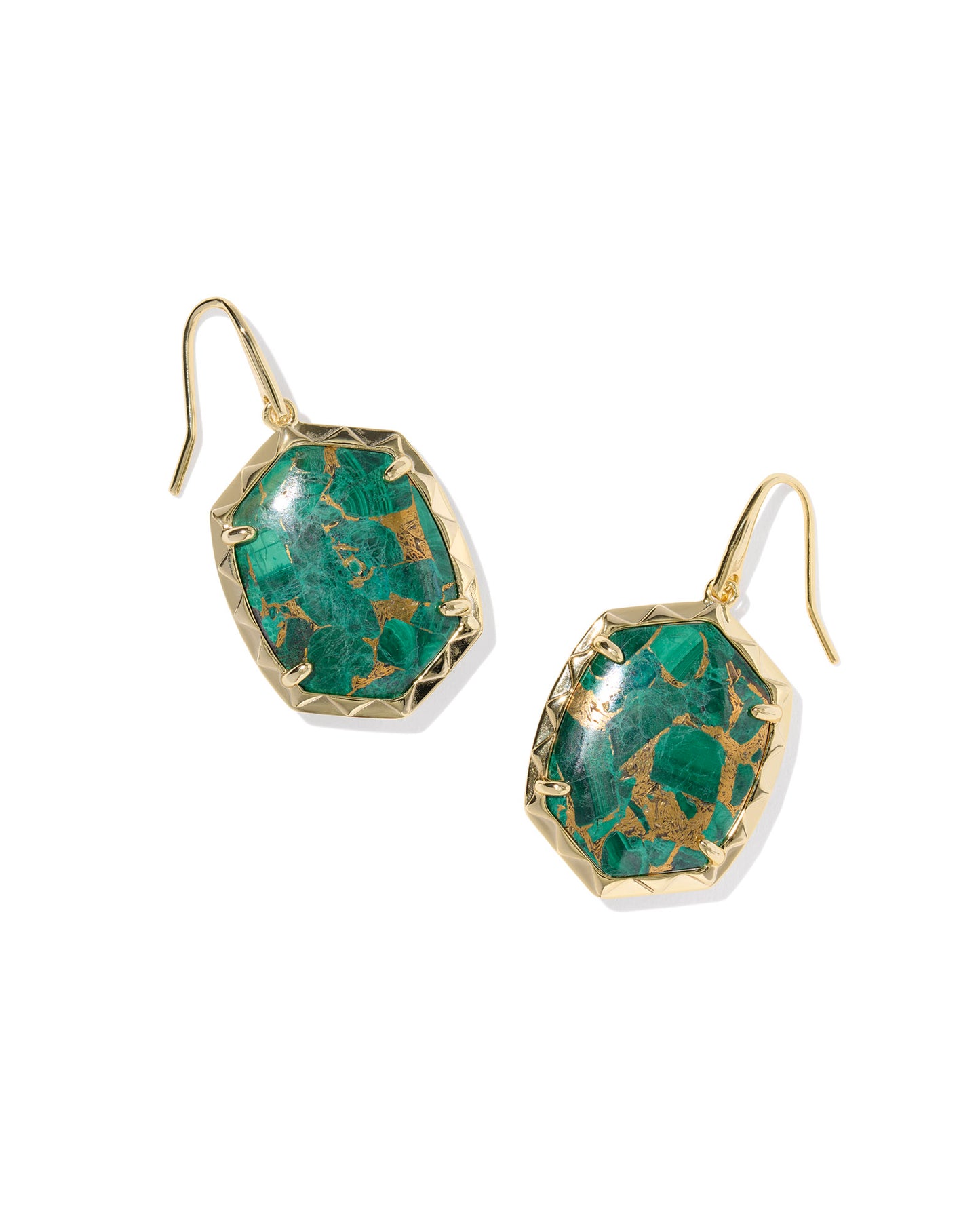 These drop earrings are destined to be your new favorite. Meet the Daphne Gold Drop Earrings, featuring a beautiful reinterpretation of our signature oval shape framed by our signature hoofprint detailing. Perfectly scaled to look gorgeous on everyone, you’ll be reaching for these over and over again.

Style-GOLD BRONZE VEINED GREEN MALACHITE
Metal- 14k Yellow Gold Over Brass&nbsp;
Closure- Ear wire 
Size- 1.62"L X 0.81"W
