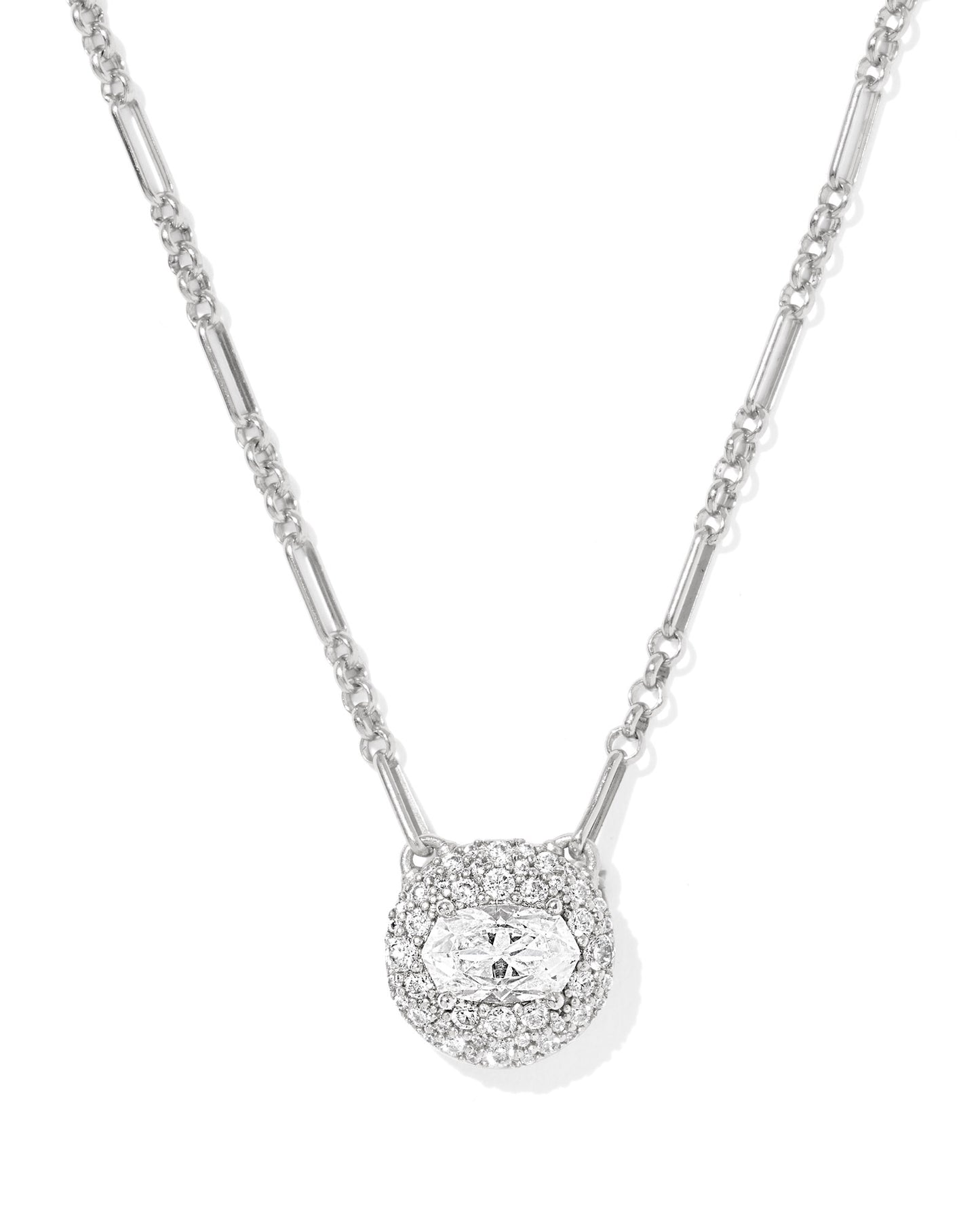 Silver necklace with round pendant dusted with cubic zirconia accents and a custom-cut crystal in the oval Elisa shape