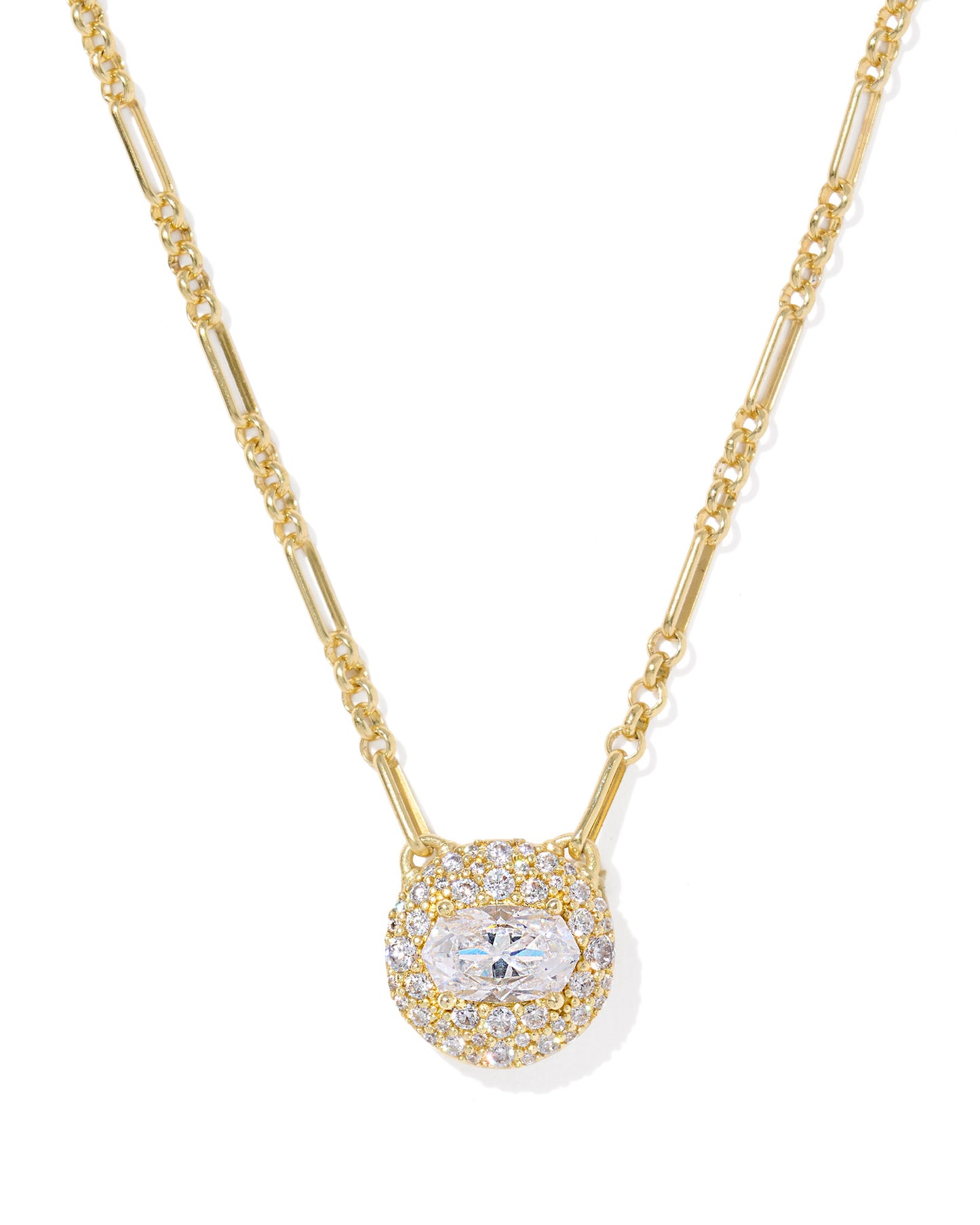 Gold necklace with round pendant dusted with cubic zirconia accents and a custom-cut crystal in the oval Elisa shape