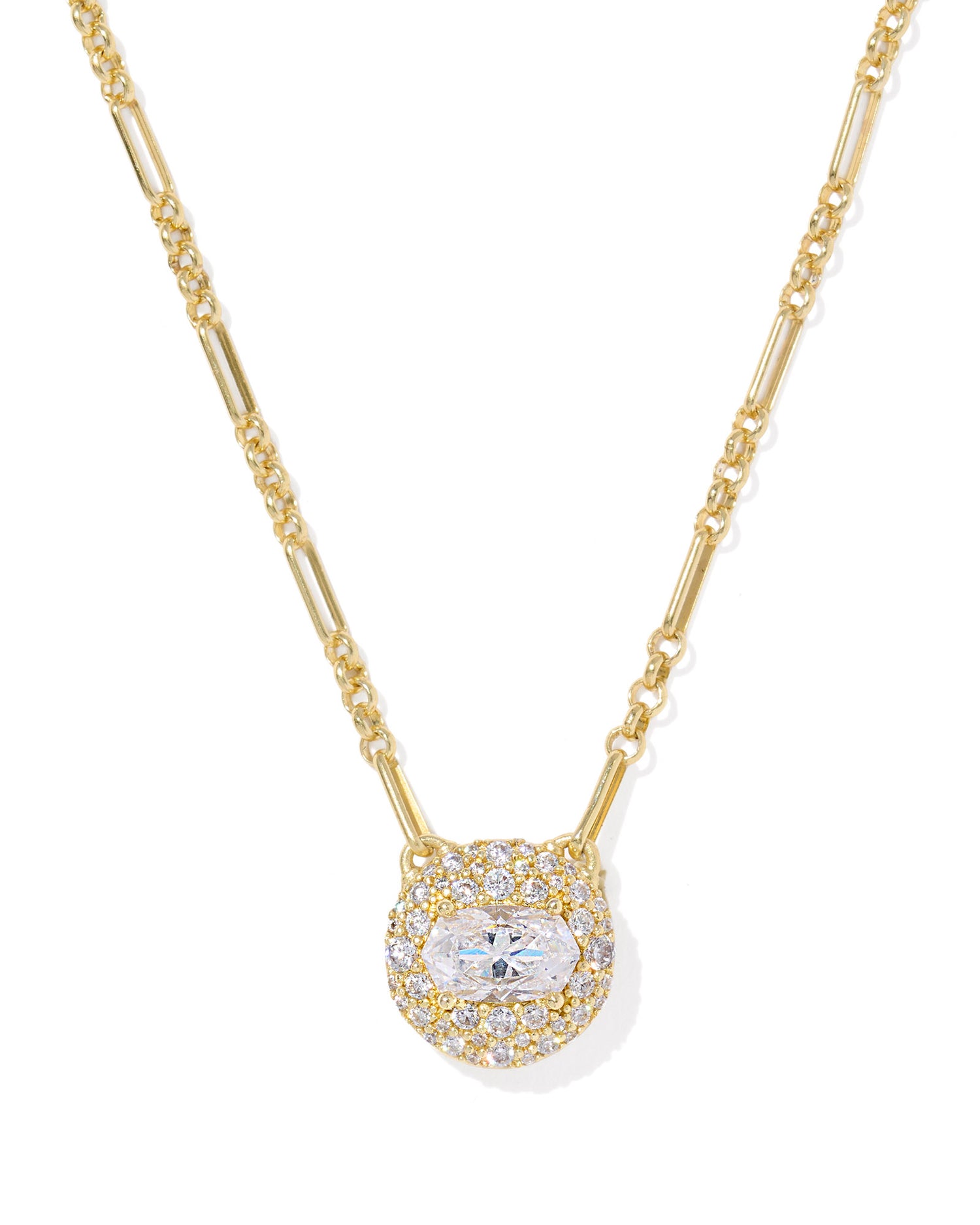 Gold necklace with round pendant dusted with cubic zirconia accents and a custom-cut crystal in the oval Elisa shape
