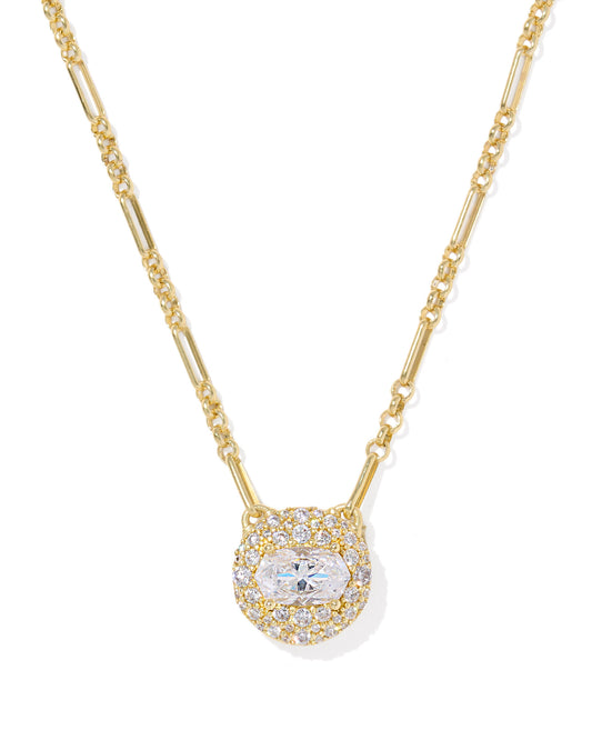 Gold necklace with round pendant dusted with cubic zirconia accents and a custom-cut crystal in the oval Elisa shape