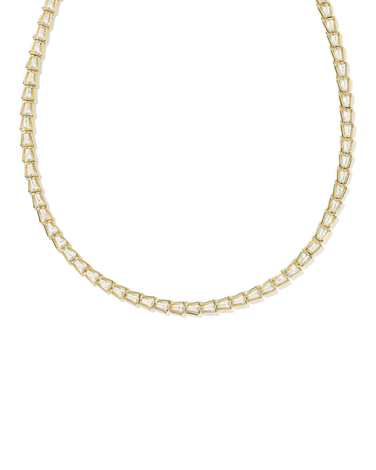Bella Gold Tennis Necklace, a stunning strand designed with cubic zirconia stones in a tapered baguette shape for dimensional sparkle