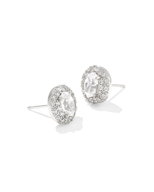 circular studs feature a custom-cut crystal at their center inspired by our bestselling Elisa shape, surrounded by dazzling cubic zirconia sparkle