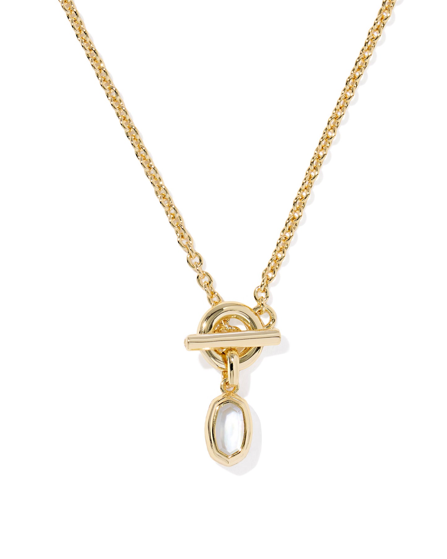  Mini Elisa  Gold Toggle Short Pendant Necklace. White stone with a dainty chain, a front-facing toggle closure, and our bestselling Mini Elisa shape as a pendant