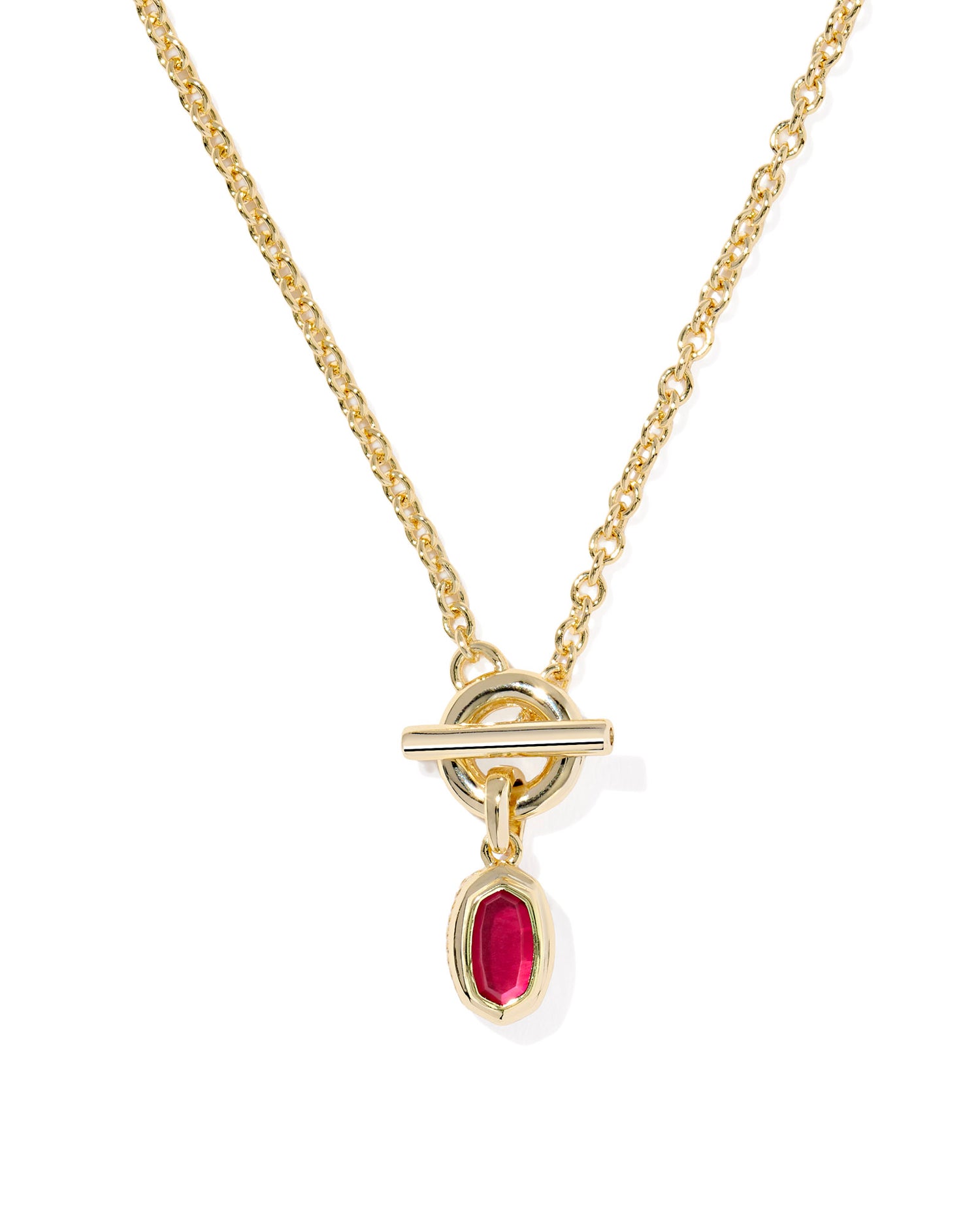  Mini Elisa Gold Toggle Short Pendant Necklace. Red Stone with a dainty chain, a front-facing toggle closure, and our bestselling Mini Elisa shape as a pendant