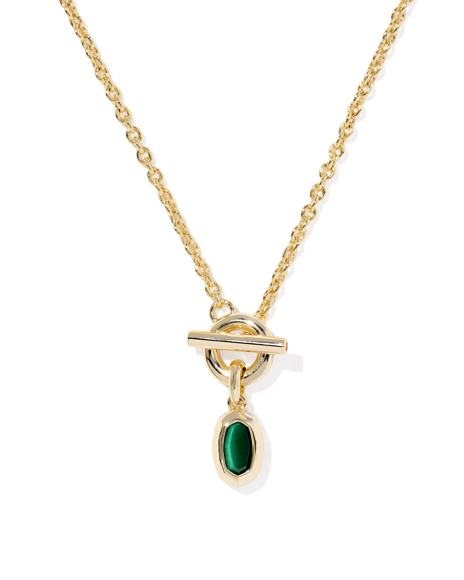  Mini Elisa Gold Toggle Short Pendant Necklace. Emerald stone with a dainty chain, a front-facing toggle closure, and our bestselling Mini Elisa shape as a pendant