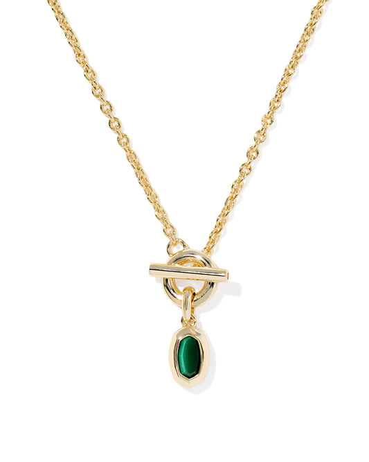 Mini Elisa Gold Toggle Short Pendant Necklace. Emerald stone with a dainty chain, a front-facing toggle closure, and our bestselling Mini Elisa shape as a pendant
