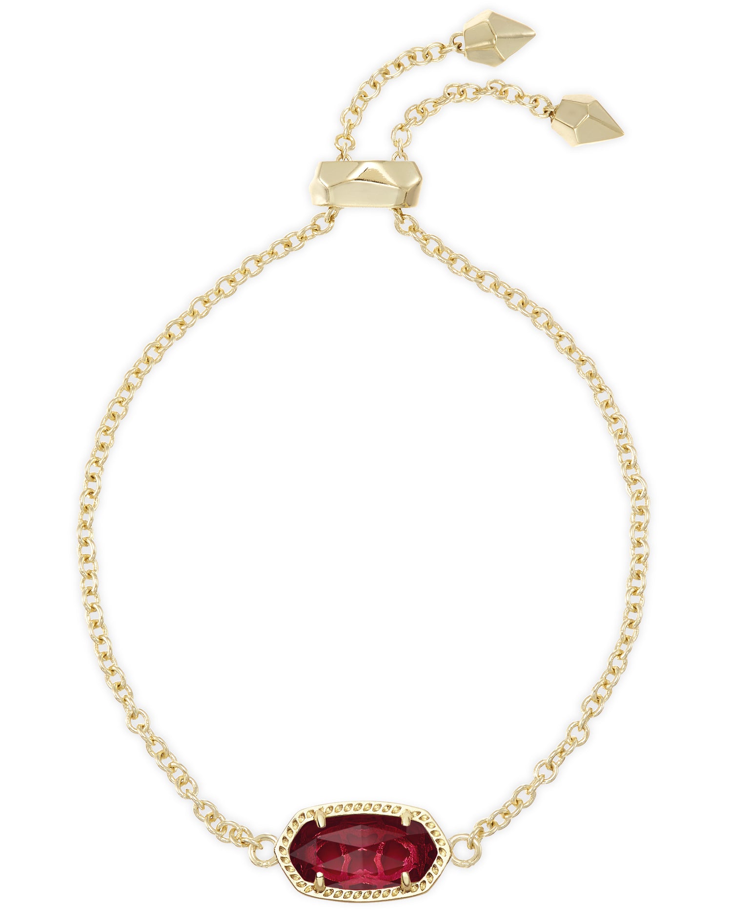 Gold chain bracelet with an adjustable slider and a burgandy stone 