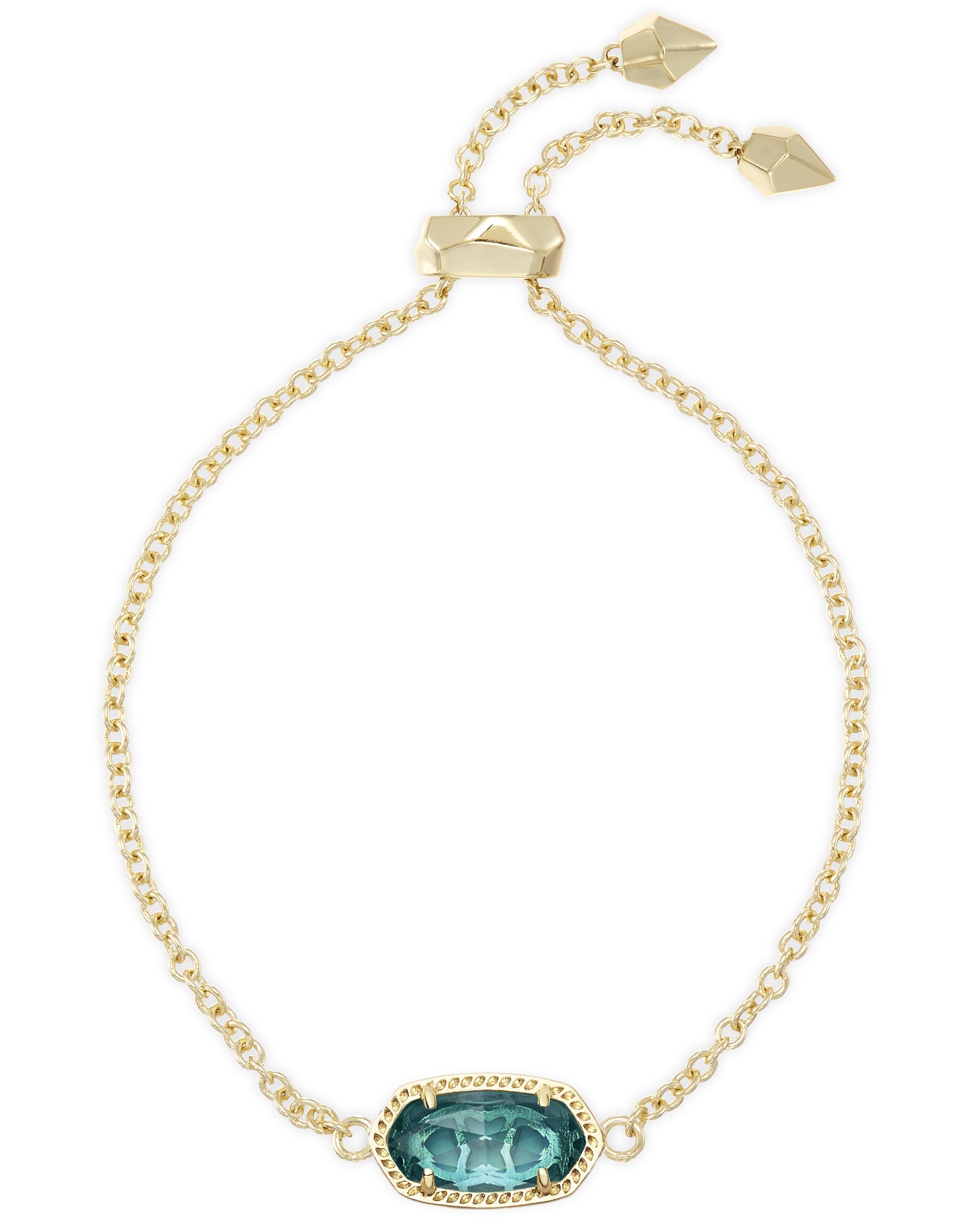 Gold chain bracelet with an adjustable slider and a green stone 