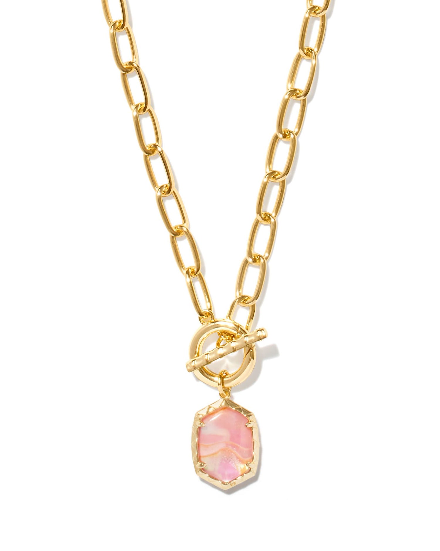 gold chain link necklace with a rose pink stone pendant. toggle closure