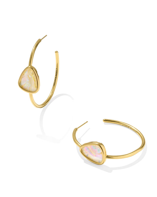 Gold Hoop Earrings, Triangular Opal Iridescent Abalone Gem Set On Each Earring, Stud Back, Size- 1.64"L X 0.51"W