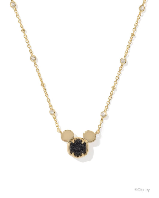 "Mickey" head pendant with black drusy stone in the center. Crystal-studded satellite chain.