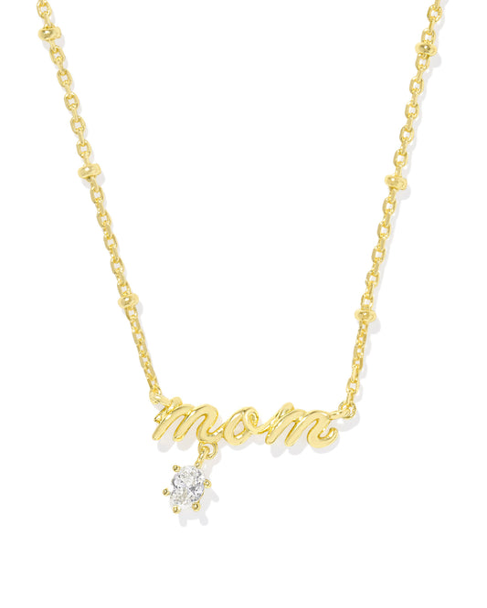 Mom Gold Crystal Short Pendant Necklace, Gold With Crystal, 19" CHAIN WITH 017W X 017"W PENDANT