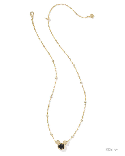 "Mickey" head pendant with black drusy stone in the center. Crystal-studded satellite chain. Full length picture of necklace