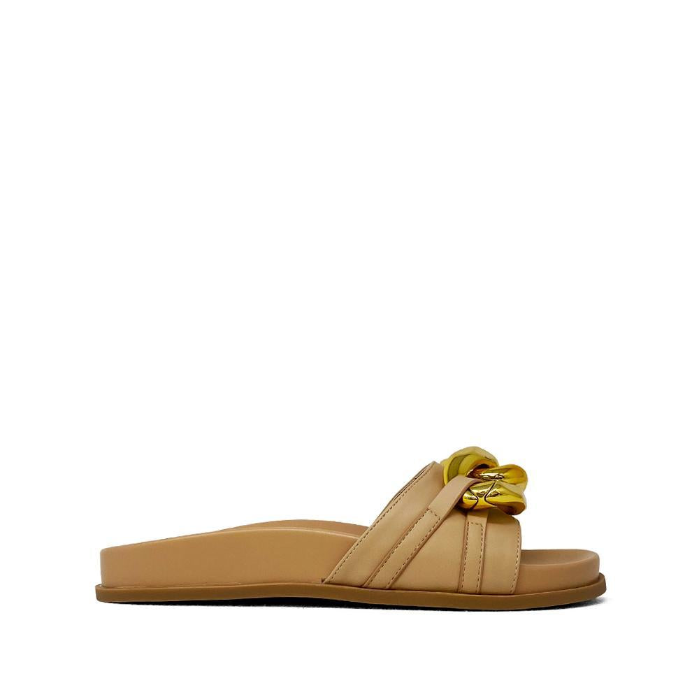 nude slide sandal, leather strap, gold chain accent on the top. 