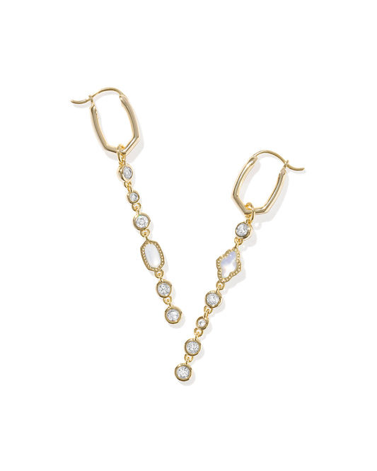 Gold White Mix Huggie Earrings, Lever-back, Large Faceted Diamond, Small Round Diamond, Chain On Each Side Earring, Dimensions: 2.59"L X 0.26"W