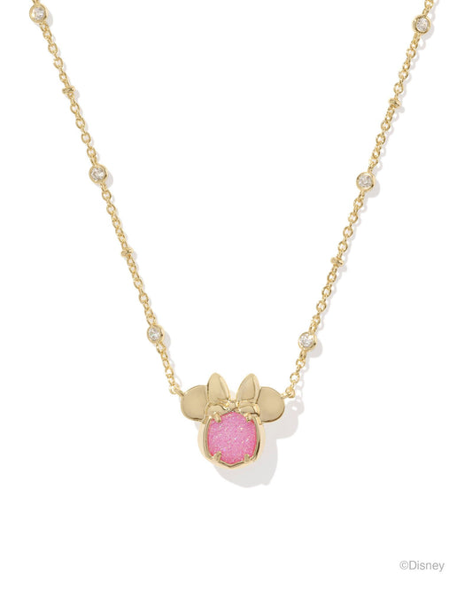 "Minnie" head pendant with hot pink drusy stone in the center. Crystal-studded satellite chain.