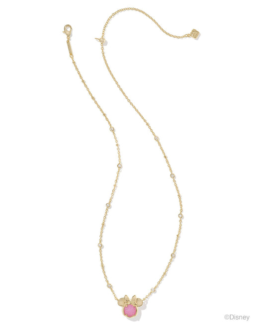 "Minnie" head pendant with hot pink drusy stone in the center. Crystal-studded satellite chain. Full length picture of necklace