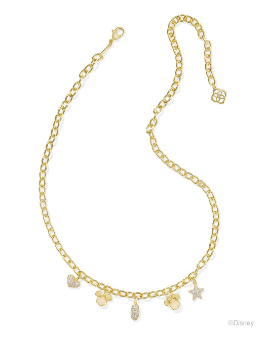 Gold charm like necklace. Heart studded pendant, "Mickey" head pendant with white iridescent drusy stone in the center, elisa studded pendant, "Minnie" head pendant with white iridescent stone in the center, and star studded pendant.
