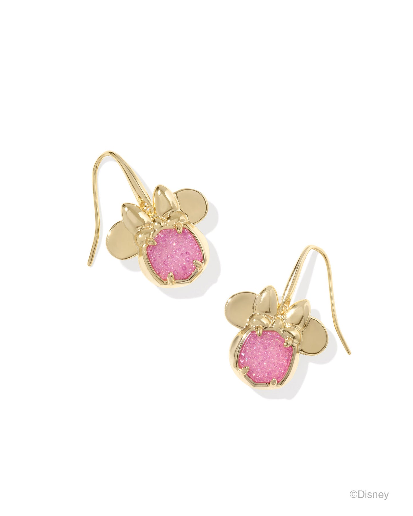 "Minnie" head pendant earrings. Earwire. Gold. Hot pink drusy stone in the center of the pendant.
