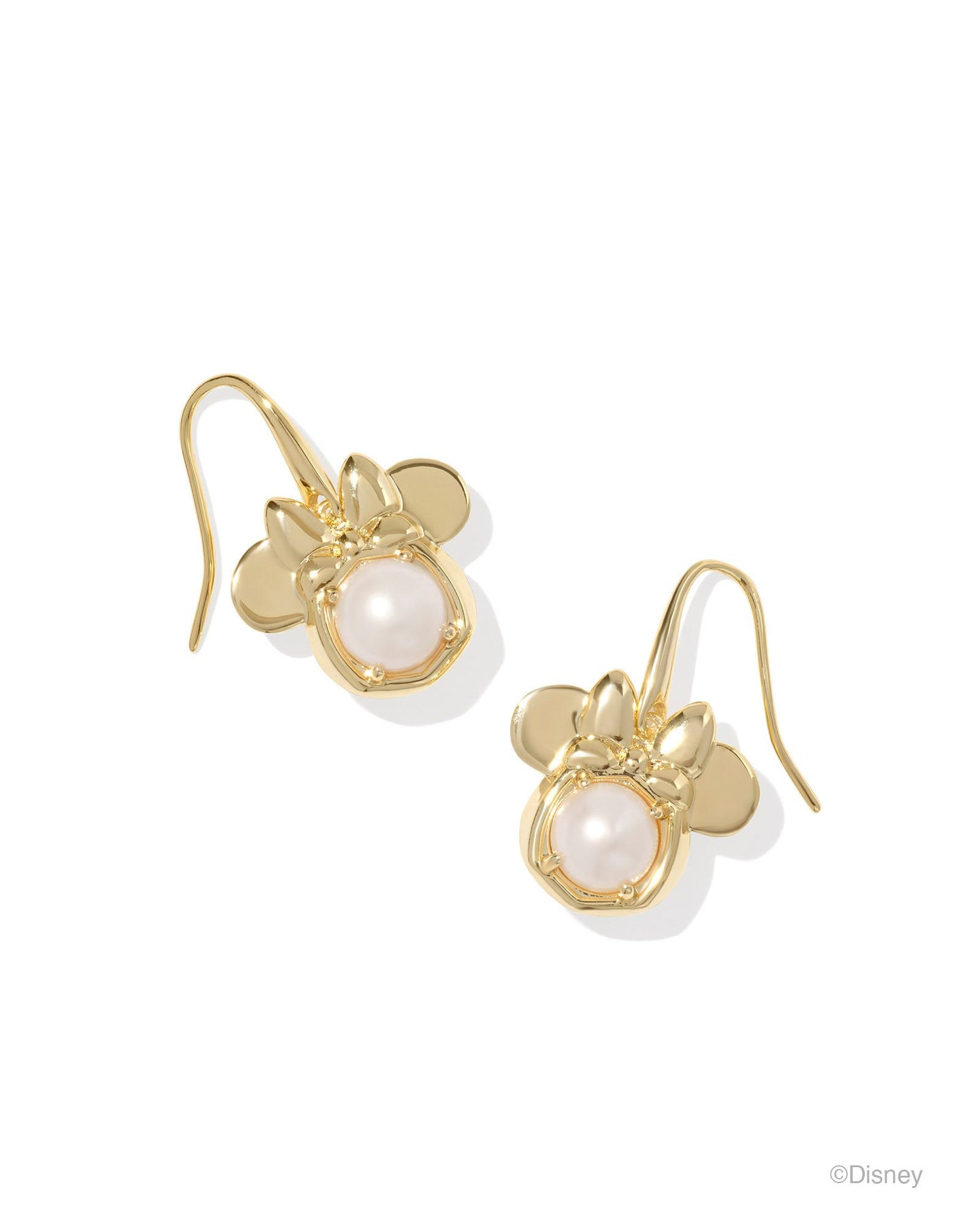 "Minnie" head pendant earrings. Earwire. Gold. White pearl stone in the center of the pendant.